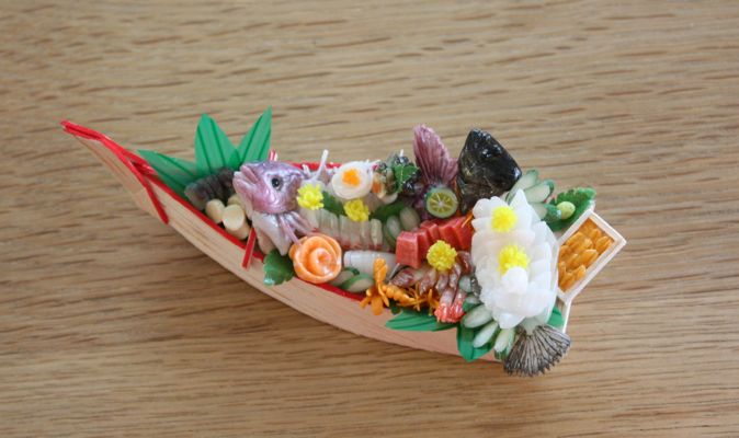 舟盛り 刺し身海鮮盛り 舟木製模型 ミニチュア盆栽付き 舟盛り 刺し身